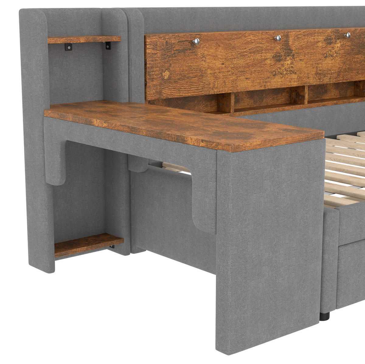 POLSTERBETT 90/200 cm Grau aus Leinen mit Schreibtisch und 2 Schubladen - Grau, Textil (90/200cm) - OKMYHOME