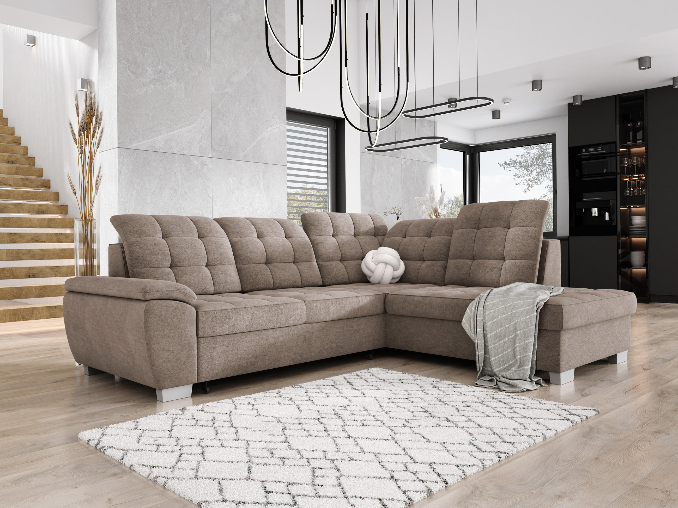 ECKSOFA LOTTA L-förmig Bettkasten verstellbare Kopfstützen hochwertige Verarbeitung lose Rückenkissen freistehend RECHTS 258x212x106 cm Beige - Beige, Holz/Textil (258/212cm) - DomoHome