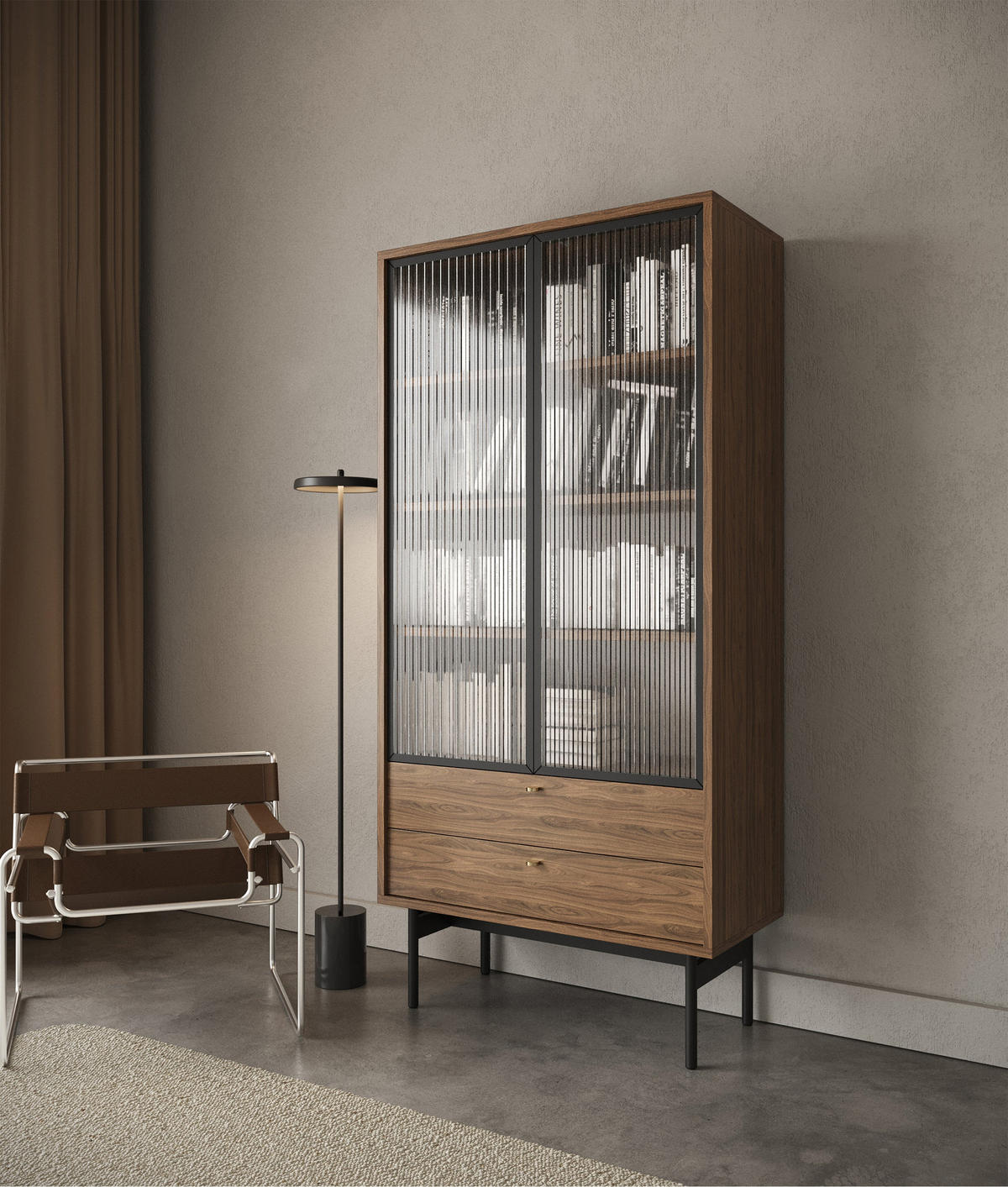 VITRINE Olar Holzoptik Carini Nussbaum 85 cm - Goldfarben/Schwarz, Holzwerkstoff/Metall (85/179/41cm) - Selsey