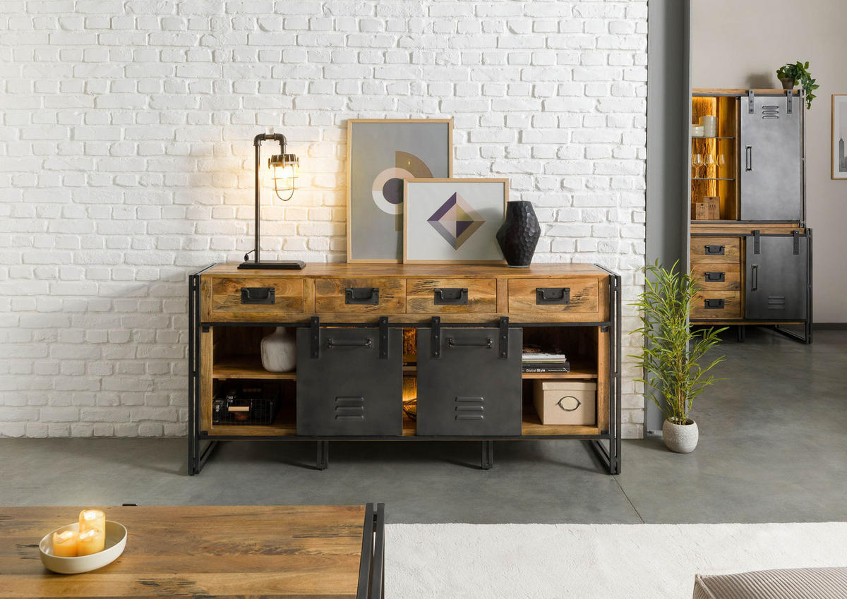 SIDEBOARD Mango / Altholz 195x45x90 natur / grau lackiert / Metall grau BLACKBURN LUX #409 - Braun, Holz (195/90/45cm) - Massivmoebel24