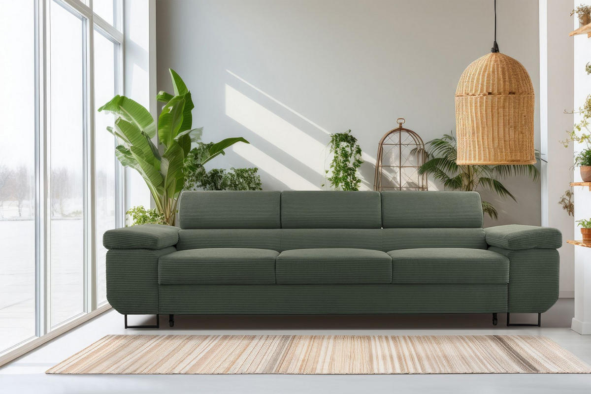 3-SITZER SOFA Capurso Olivgrün Cord - Schwarz/Olivgrün, Textil/Metall (274/90/98cm) - Selsey
