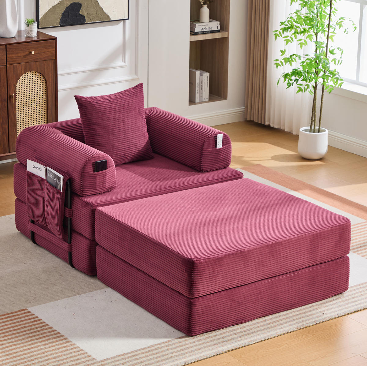 SOFA mit Hocker Cord 112 x 190 x 67 cm Wine Red - Rot, Kunststoff (190/67/112cm) - Meubliv
