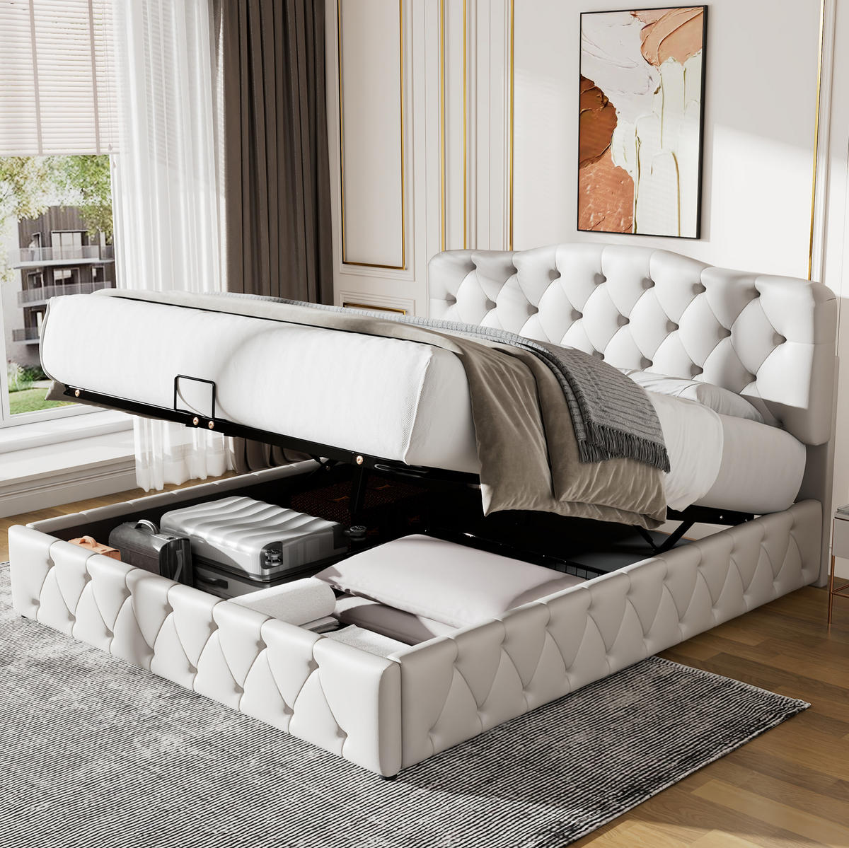 POLSTERBETT 180/200 cm aus Leinen mit hydraulischem Bettkasten Beige - Beige, Textil (180/200cm) - Modenvie