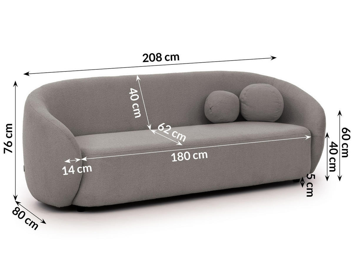 SITZGARNITUR 3+2+1 Roundi Grau Bouclé - Schwarz/Grau, Holz/Kunststoff (208/76/80cm) - S-Style Möbel