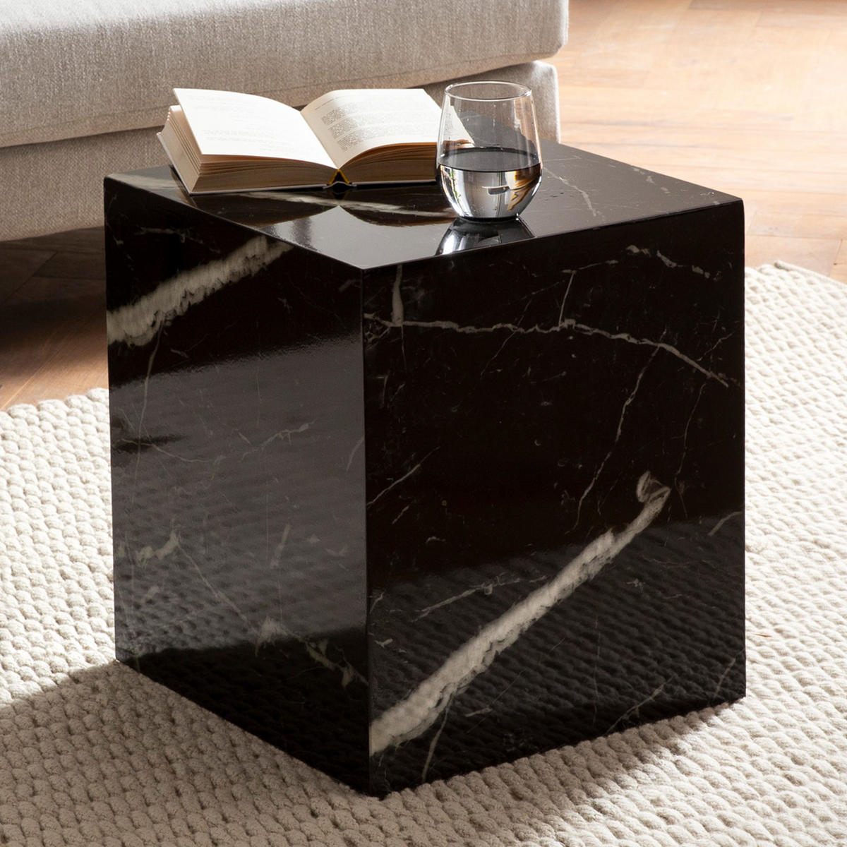 COUCHTISCH MONOBLOC in Hochglanz mit Marmor-Optik, Würfelform, Schwarz 40x40x45 cm - Schwarz, Holzwerkstoff (40/40/45cm) - KADIMA DESIGN