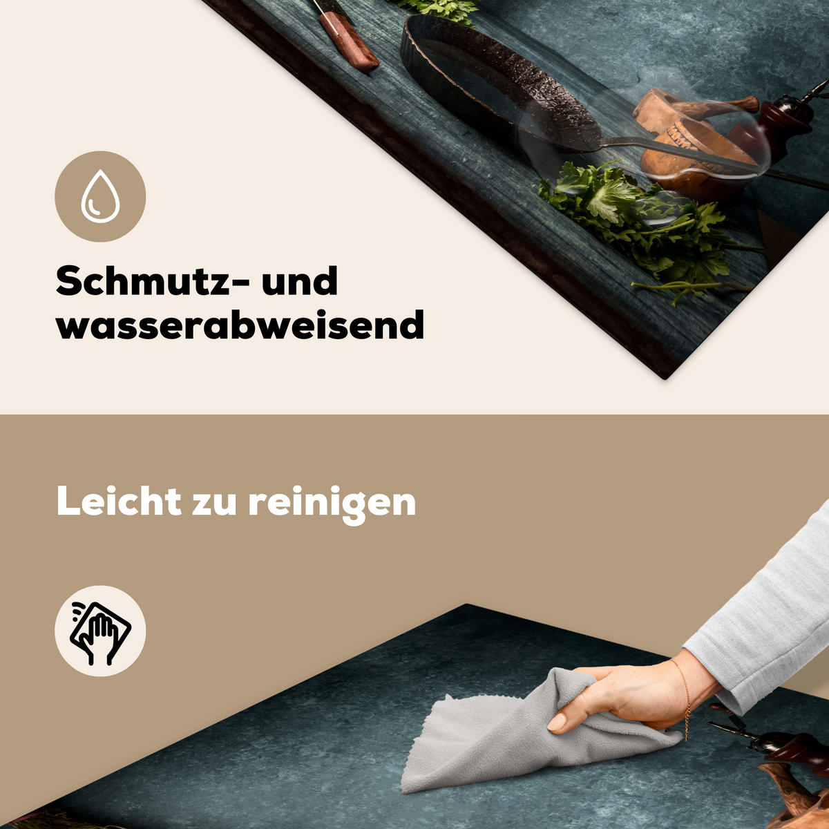 HERDABDECKPLATTE Kräuter - Gewürze - Pfanne - Messer - Grau - Rustikal Induktionsmatte 78x78 cm - Petrol, Kunststoff (78/78/0.2cm) - MuchoWow