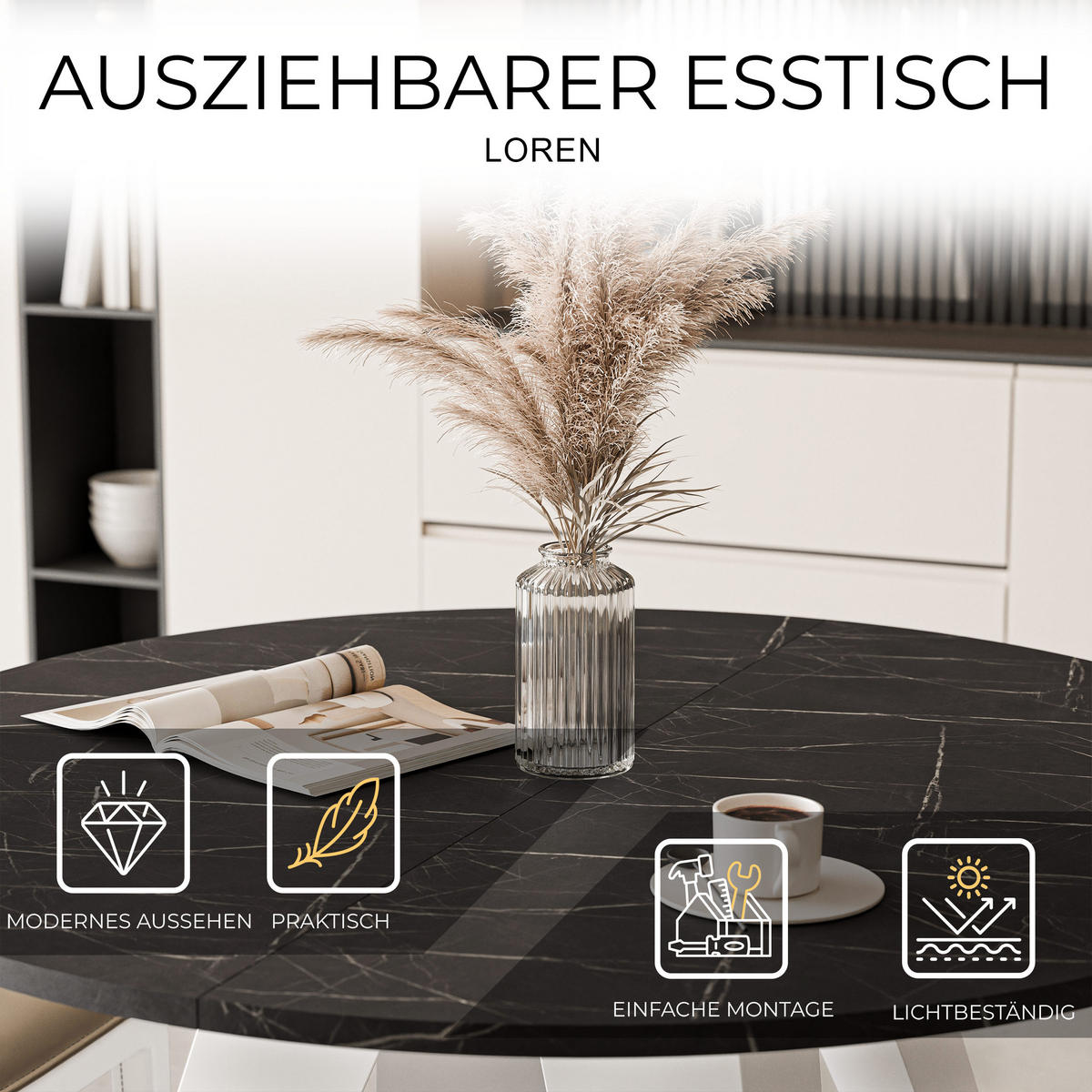 ESSTISCH ausziehbar auf MDF, Schwarz - Schwarz/Weiß, Holzwerkstoff (100/100/76cm) - Idohome