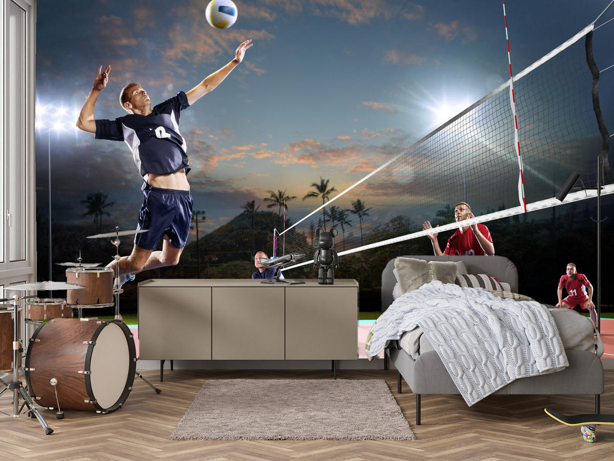 FOTOTAPETA Pre Študentskú Izbu Volejbal Pláž Trópy Zápas Hráč Palmy 250 x 175 cm - oranžová/čierna, papier (250/175cm) - Muralo