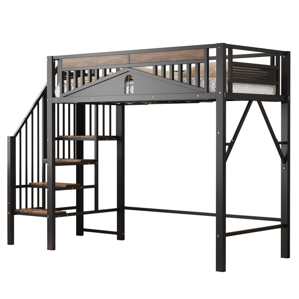 HOCHBETT 90/200 cm aus Metall/Holz mit Sicherheitsleiter und Stauraum Schwarz - Schwarz, Metall (90/200cm) - Modenvie