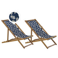 GARTENLIEGE 2er-Set hellbraun Textil weiß/marineblau Blumenmuster Anzio - Hellbraun/Weiß, Textil (54/70/97cm) - Beliani