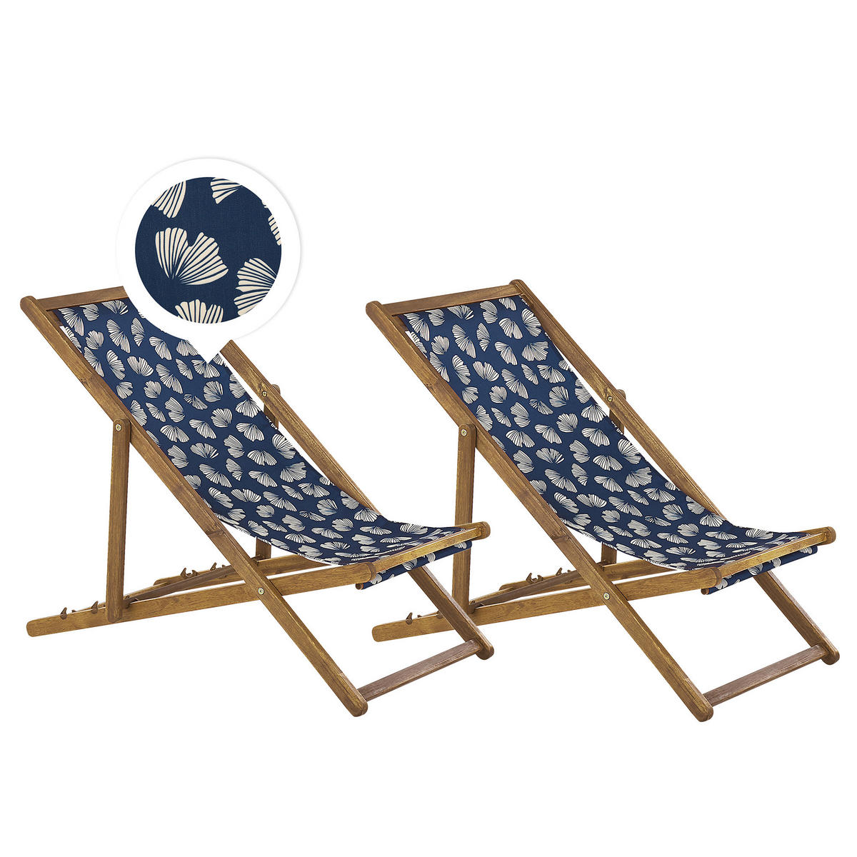 GARTENLIEGE 2er-Set hellbraun Textil weiß/marineblau Blumenmuster Anzio - Hellbraun/Weiß, Textil (54/70/97cm) - Beliani