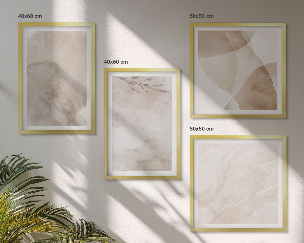 WANDBILDER 4er Set - 50x50 cm & 40x60 cm Goldrahmen - Aquarellfarben, Boho-Texturen - Goldfarben, Kunststoff (50/50cm) - ArtPrintCave