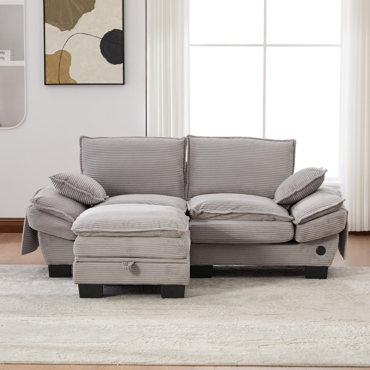 2-SITZER-SOFA DE-33749 mit Hocker und USB-C Hellgrau - Hellgrau, Metall (190/84/132cm) - ComfortXL