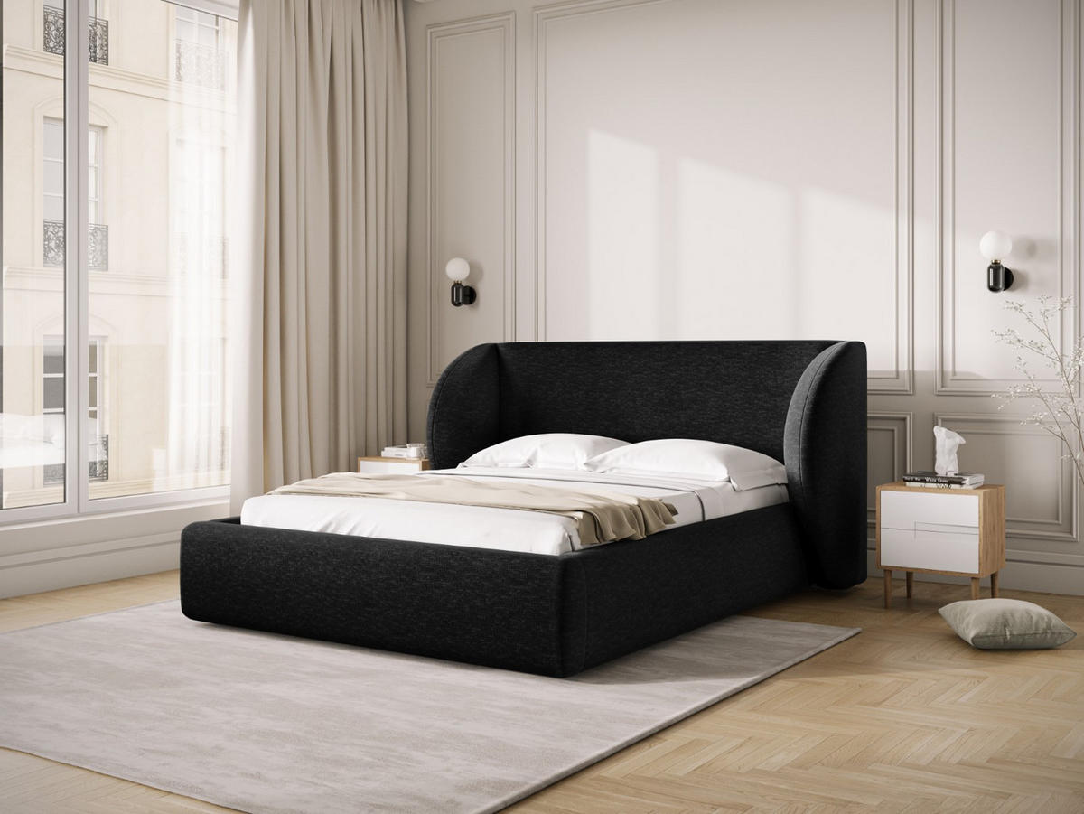 BETT mit Bettkasten und Kopfteil Miley aus Chenille-Stoff schwarz 140x200cm - Schwarz, Textil (140/200cm) - Micadoni