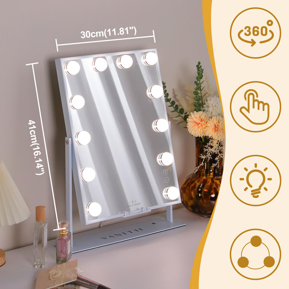 SCHMINKSPIEGEL mit LED-Beleuchtung und Bluetooth weiß 30/41 cm - Weiß, Metall (30/41/3cm) - VANITII