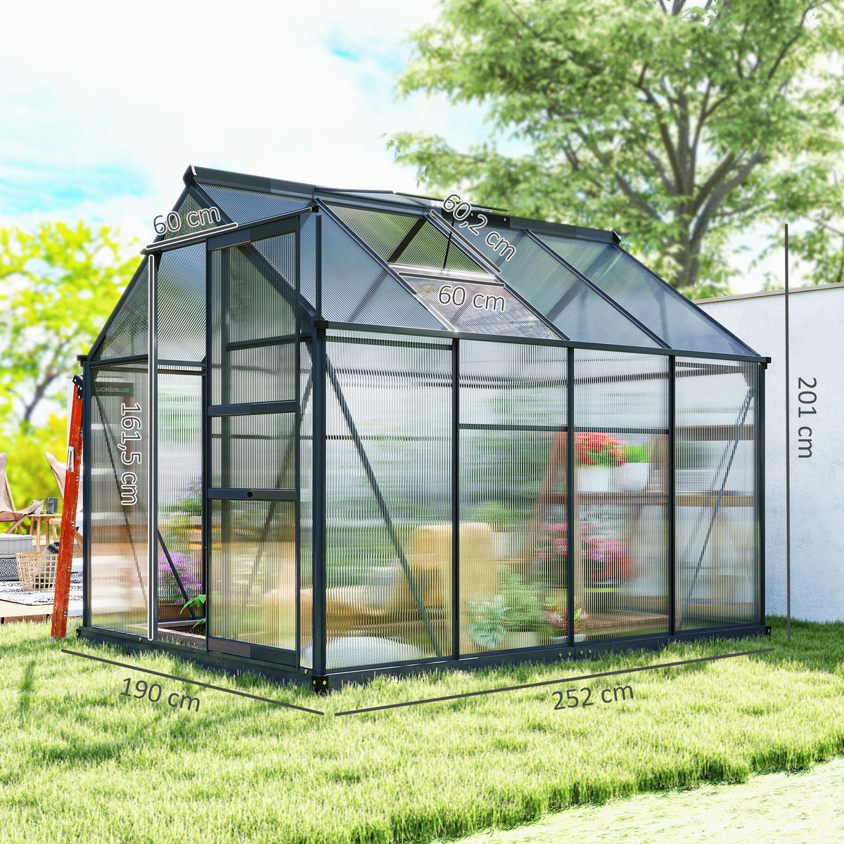GEWÄCHSHAUS Aluminiumlegierung Polycarbonat Grau - Grau, Metall (252/201/190cm) - Outsunny