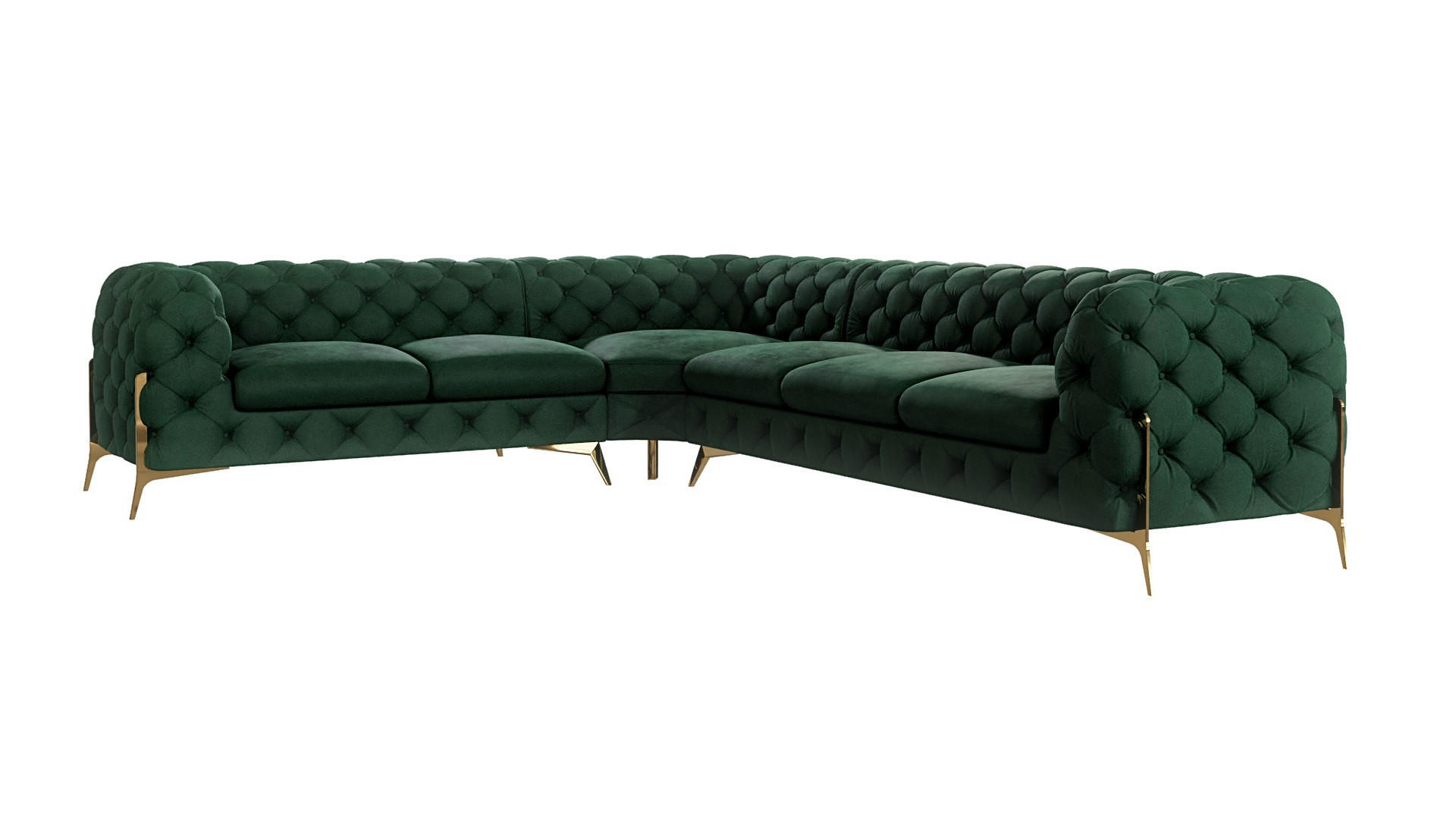S-Style CHESTERFIELD ROHOVÁ SEDAČKA Lexi z lahvově zeleného sametu se zlatými nohami - otoman vlevo