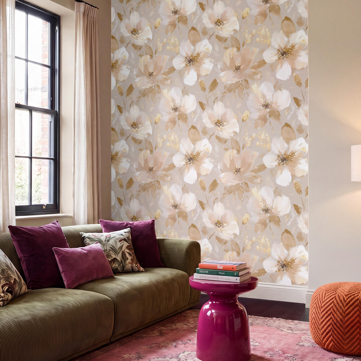 TAPETE - Blumen - künstlerisch - Gold - 220x280 cm - Beige, Papier (220/280cm) - OnlyWow