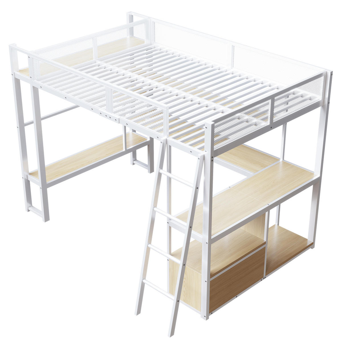 HOCHBETT 140/200 cm in Weiß mit Schreibtisch, LED und Stauraum aus Metall - Weiß, Metall (140/200cm) - CHICFURN