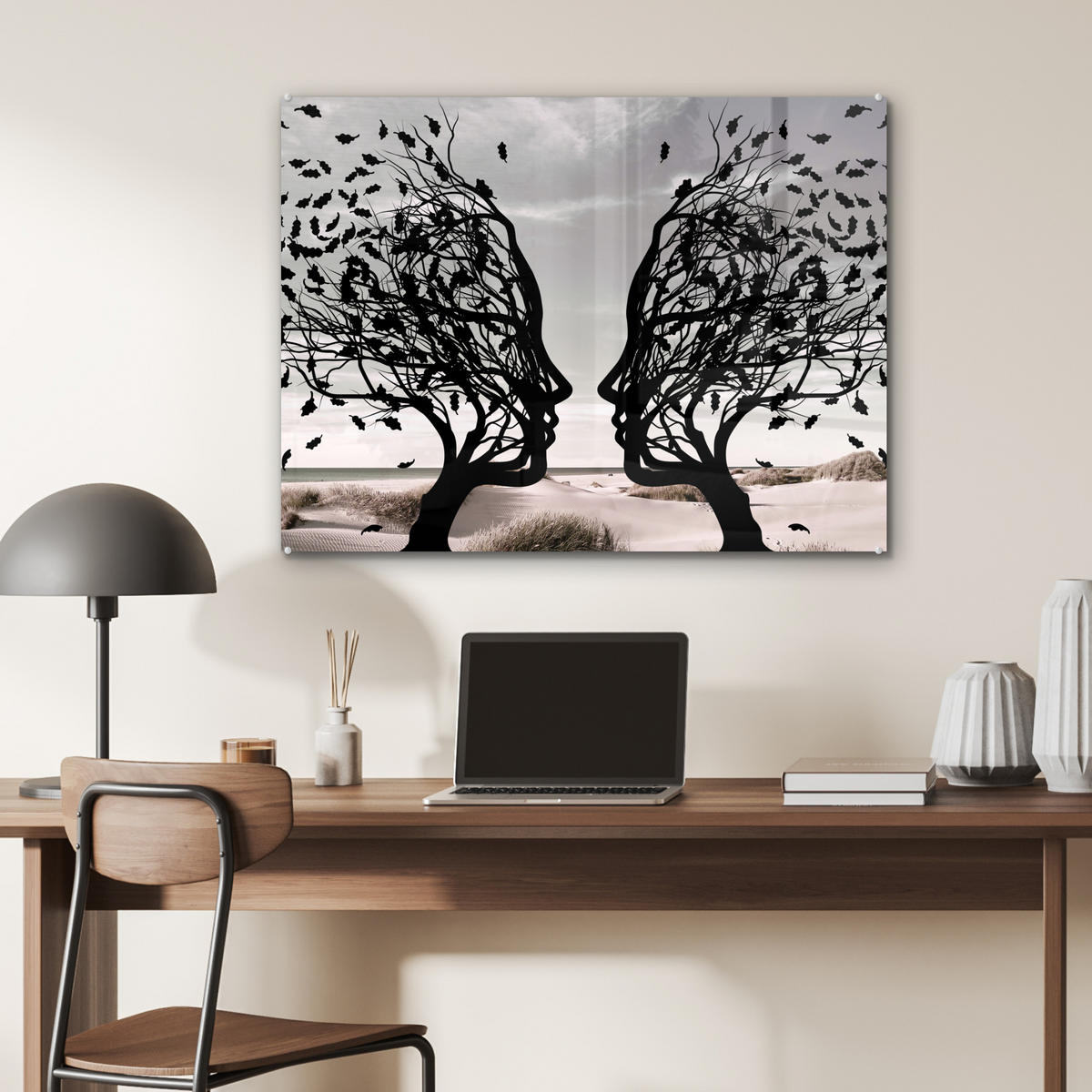 ACRYLGLASBILD Strand - Meer - Menschen - Baum - Moderne Kunst 80x60 cm - Hellgrau, Glas (80/60cm) - MuchoWow