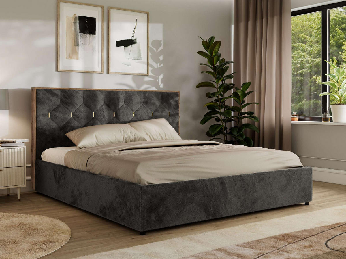 POLSTERBETT LARINO CLASSIC 180/200 - Dunkelgrau Plüsch - Schaum-Matratze - Dunkelgrau, Textil (180/200cm) - MKS