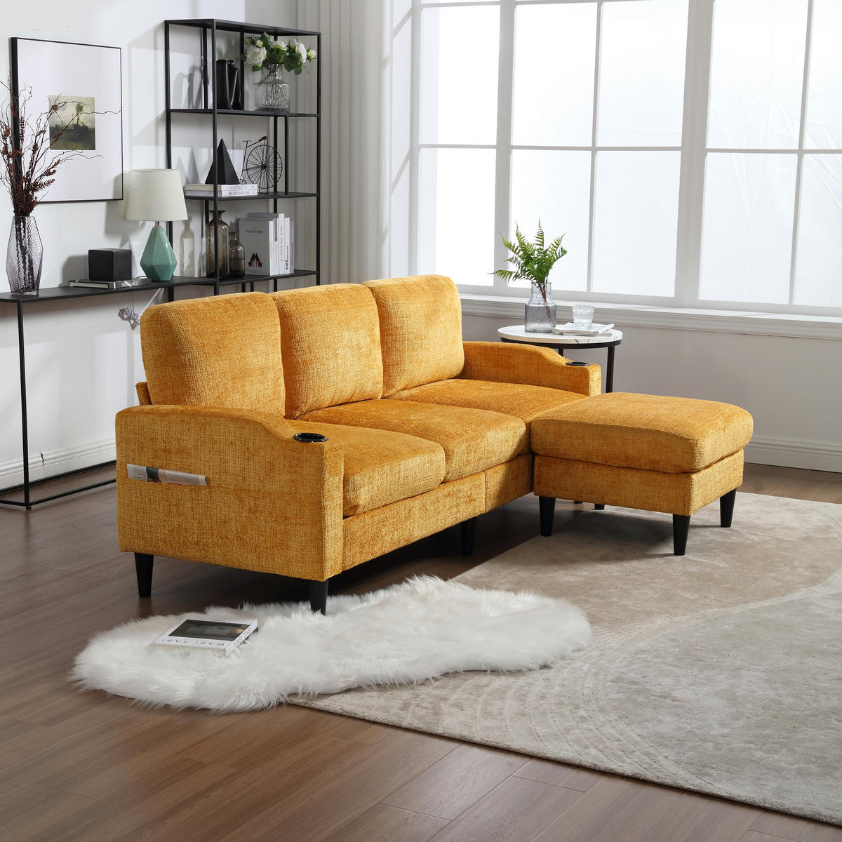 ECKSOFA mit Stauraumhocker, Getränkehaltern und Seitentaschen sowie flexibel kombinierbarer Gestaltung - Gelb, Textil (196.5/75cm) - EVRYAE