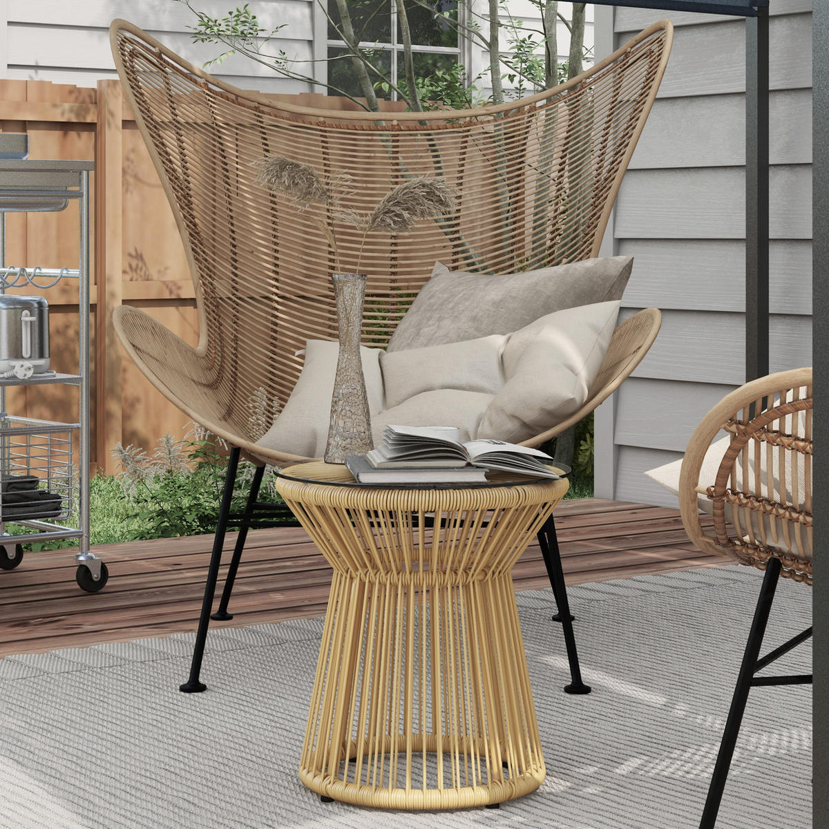 BEISTELLTISCH aus Rattan 40x40x42 cm Beige mit Glasplatte im Boho-Stil - Beige, Kunststoff (40/40/42cm) - Modfu