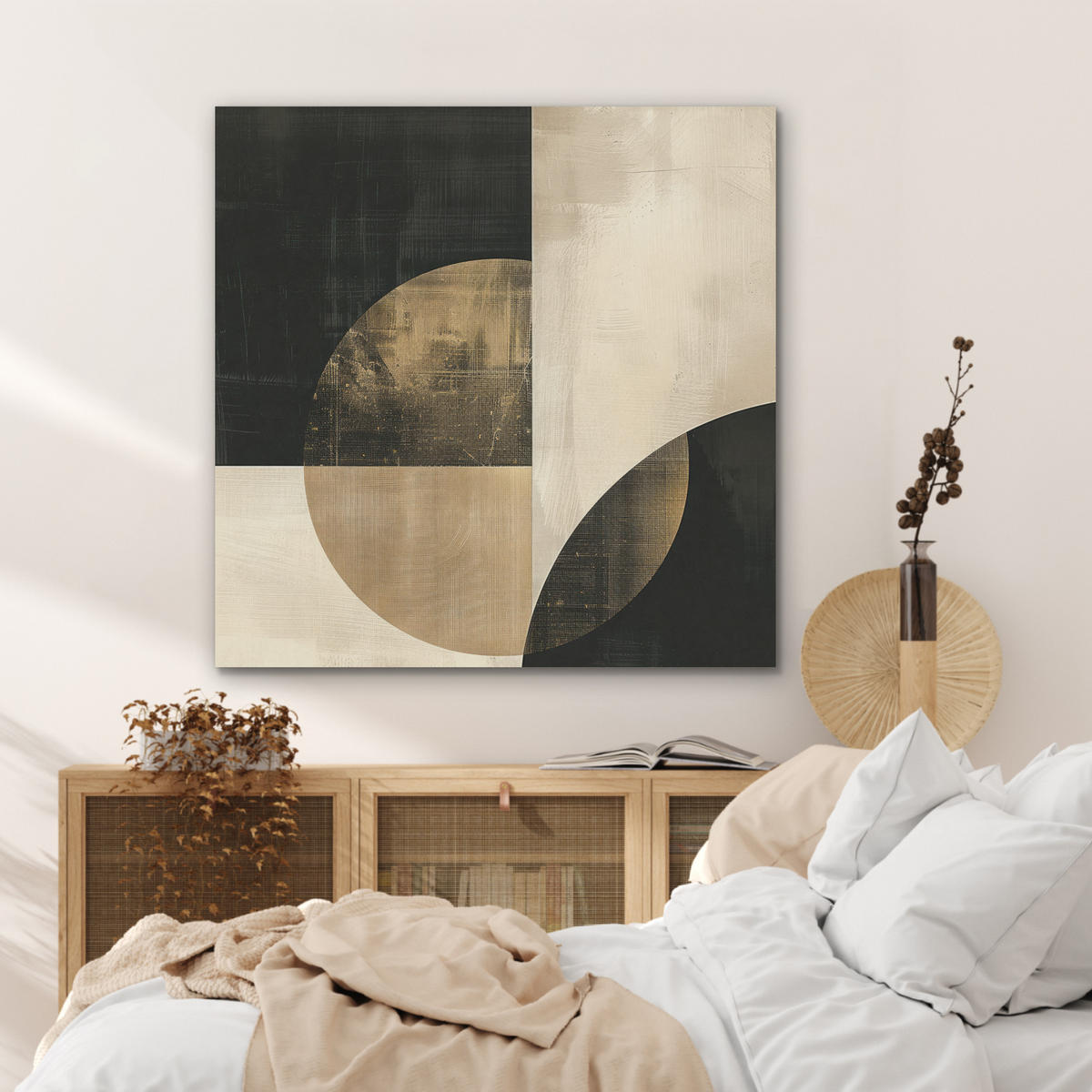AKUSTIKPANEEL Abstrakt - Geometrische Formen - Schwarz - Gold 90x90 cm - Ecru, Textil (90/0.9/90cm) - MuchoWow