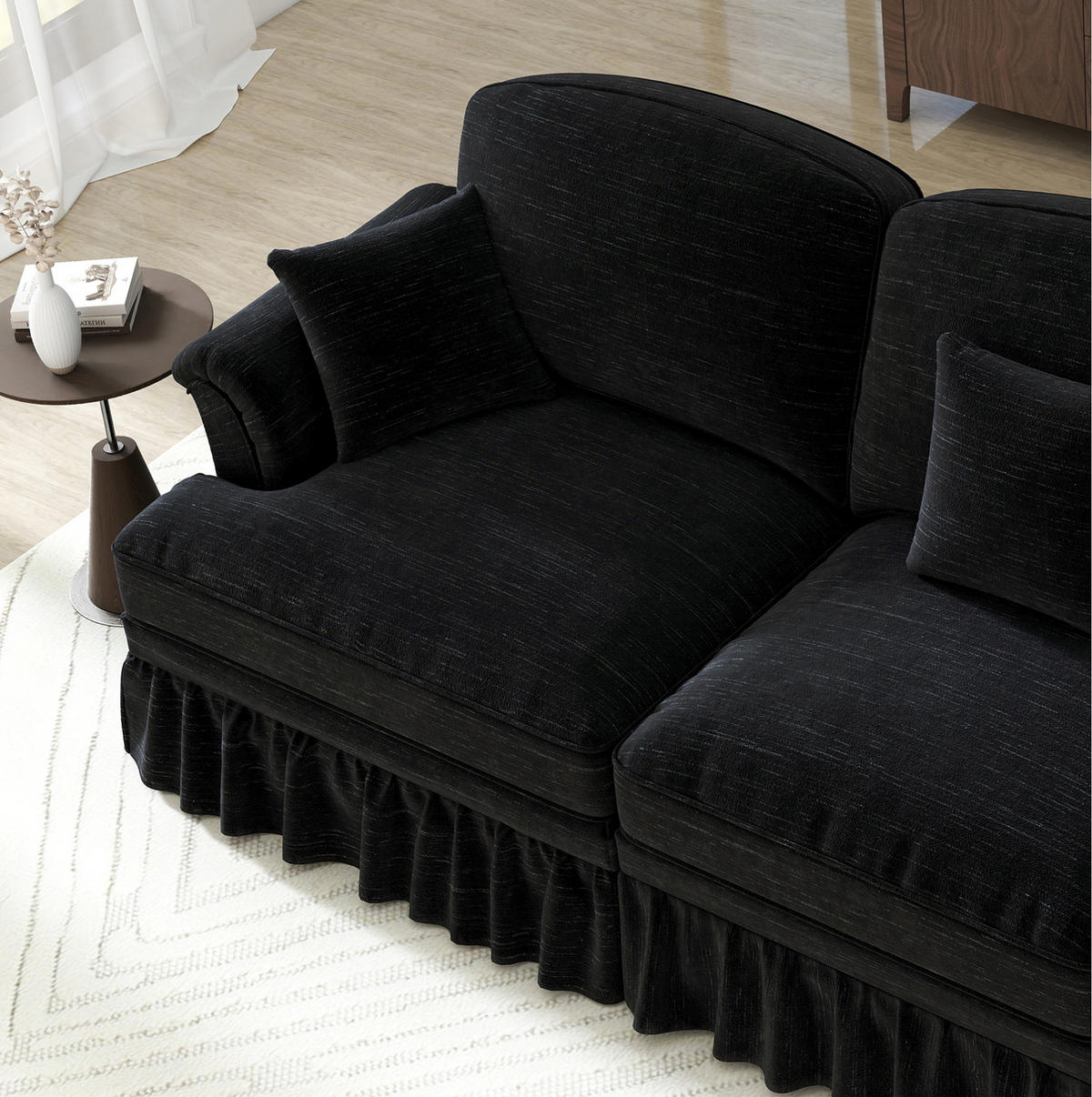 ECKSOFA aus Chenille in Schwarz mit abnehmbarem Rüschenrock - Schwarz, Textil (140/93/272cm) - Modfu
