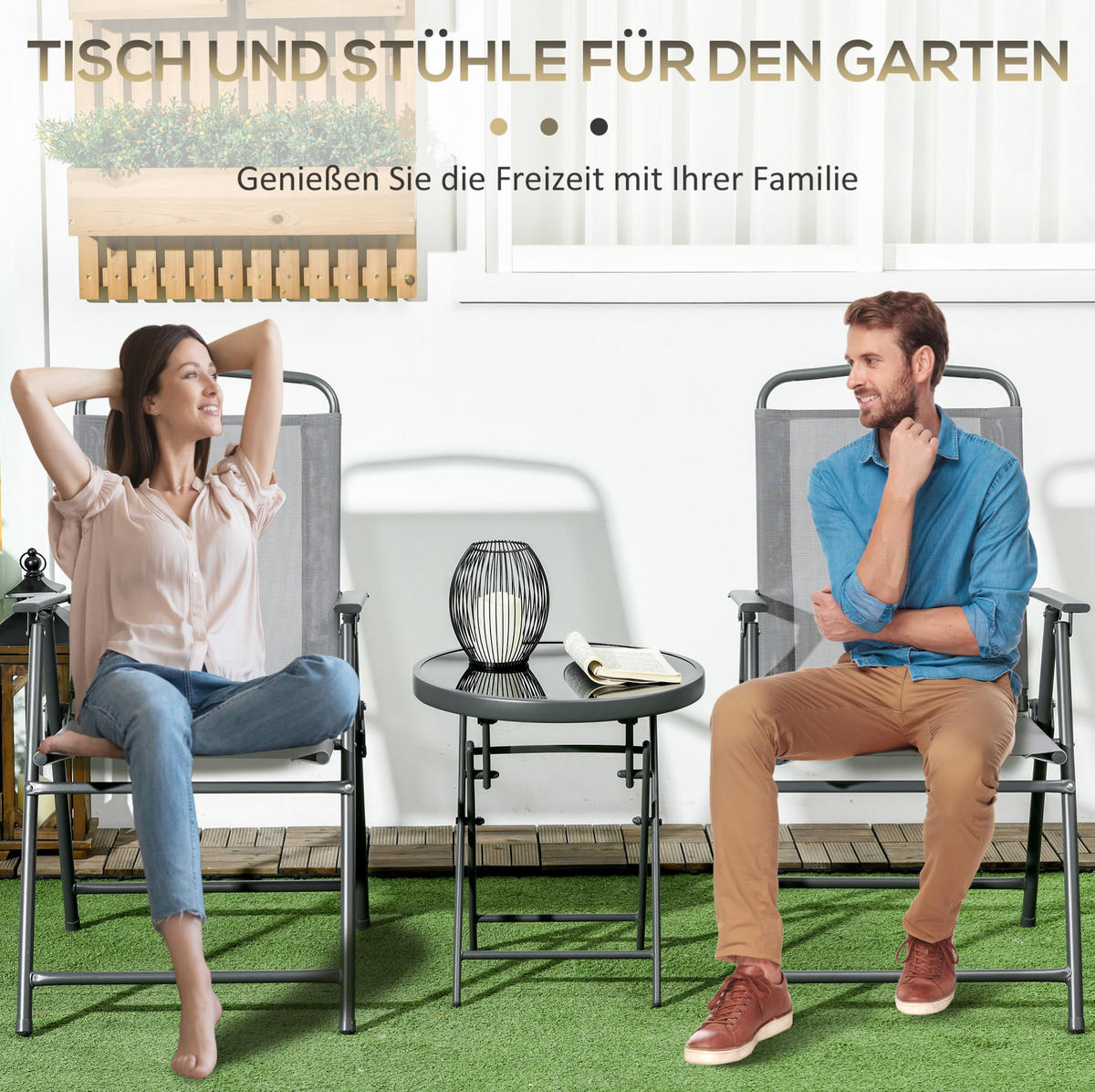 3-TEILIGES Klapp-Gartenmöbel-Set aus Metall & Glas in Hellgrau - Hellgrau, Metall - Modfu