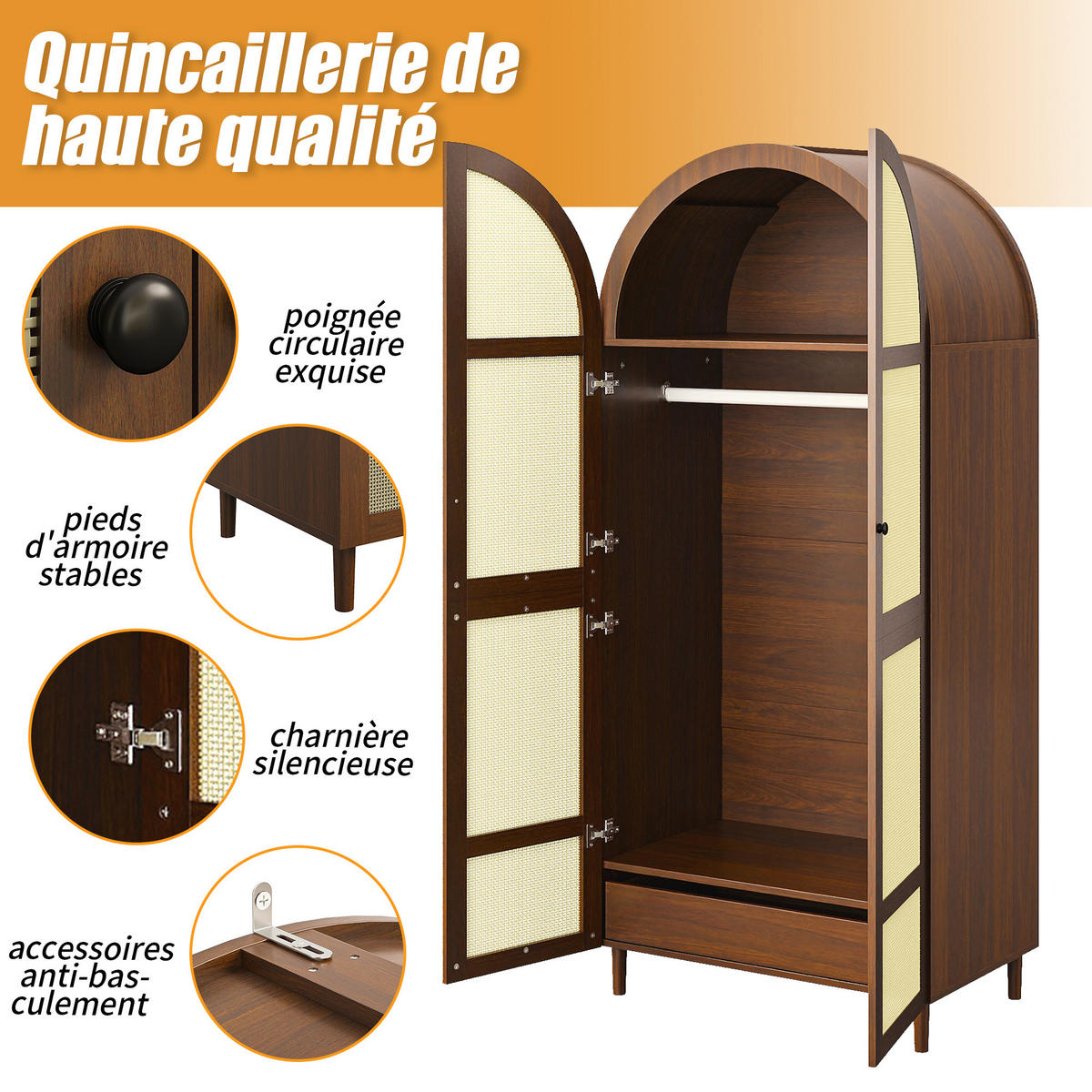 GARDEROBENSCHRANK DE-37614 80/50/179 cm mit Rattan-Türen Walnuss - Walnussfarben, Holzwerkstoff (80/179/50cm) - ComfortXL