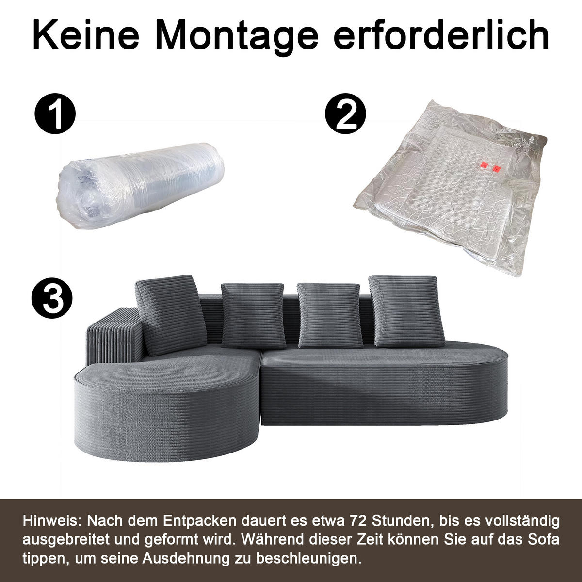ECKSOFA Cord mit tiefer Sitzfläche, 4 Kissen 265/165/67 cm Grau - Grau, Textil (165/265cm) - Redom