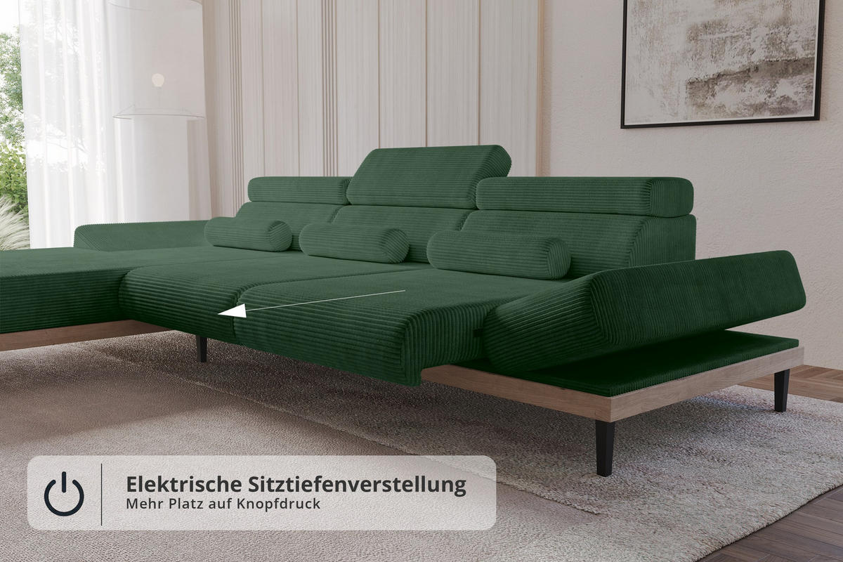 ELEKTRISCHES ECKSOFA Links MONA 316x205x85 Grün Cord - Salbeigrün/Grün, Holzwerkstoff/Textil (316/205cm) - ALTDECOR