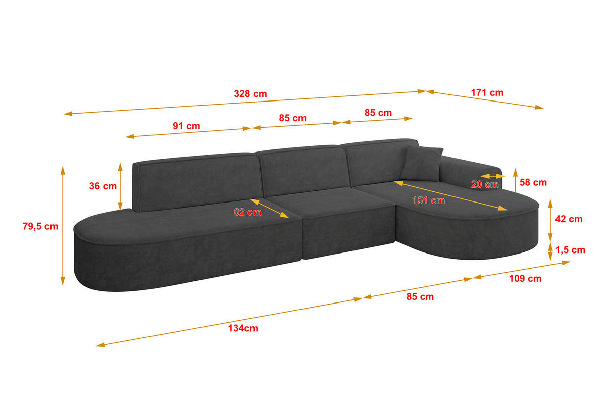 ECKSOFA Ottomane Rechts MARI-L2 - 328x171x79 cm Dunkelgrau Velours - Dunkelgrau/Schwarz, Holzwerkstoff/Kunststoff (171/328cm) - ALTDECOR