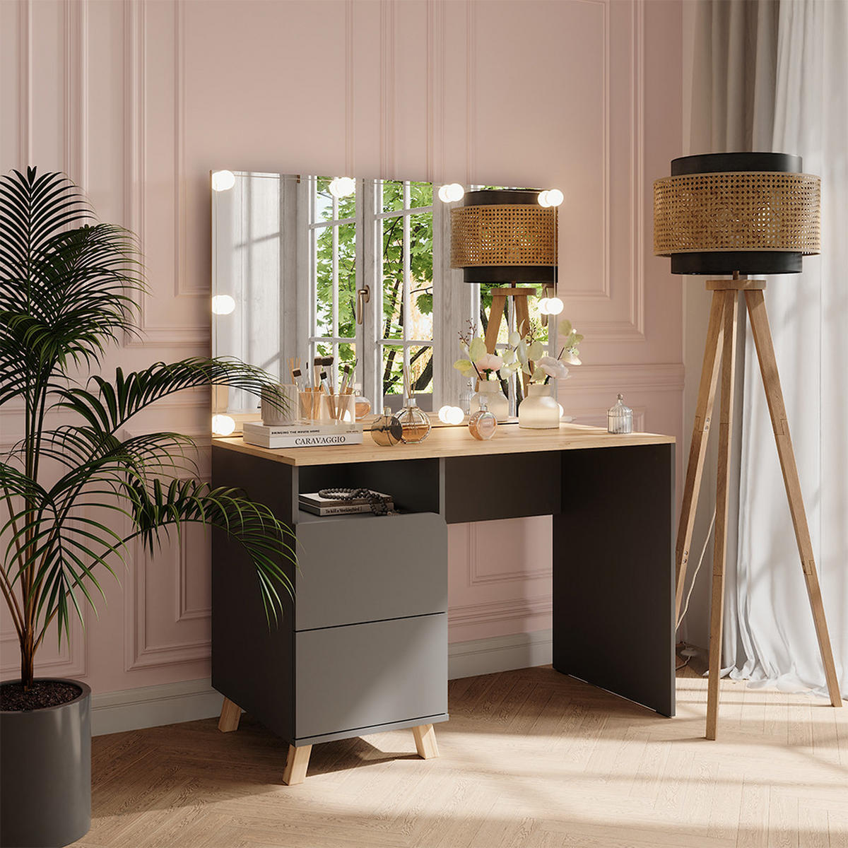 SCHMINKTISCH Karen Anthrazit/Artisan 110 cm mit LED-Lichterkette - Anthrazit/Eiche Artisan, Holzwerkstoff (110/75/55cm) - Vicco