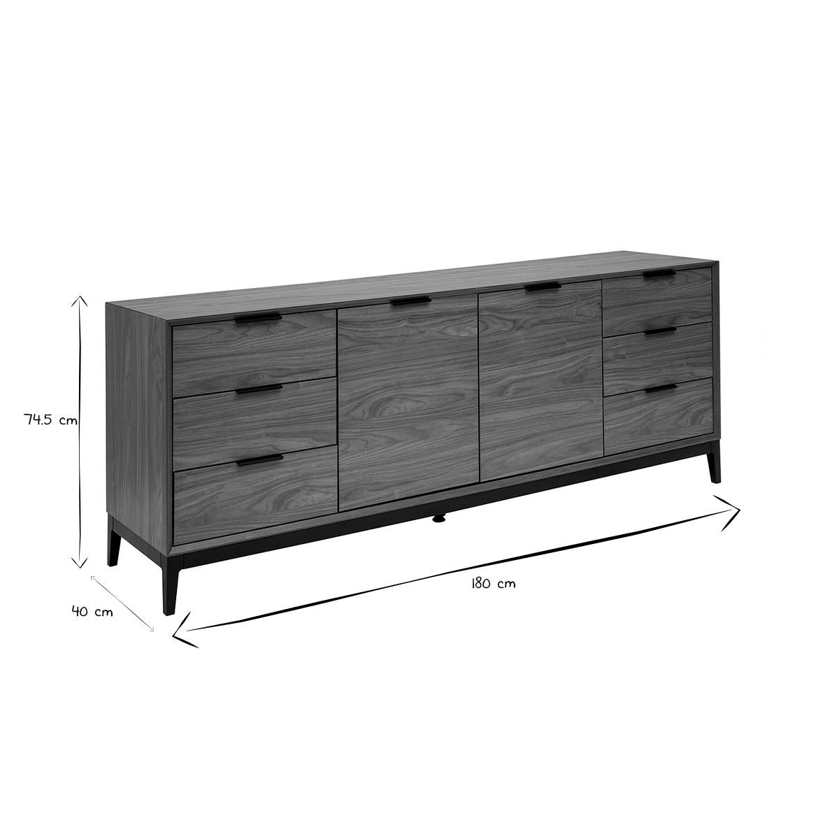 SIDEBOARD Dunkles Walnussfurnier Schwarzes Metall Stauraum B180 cm SARTO - Walnussfarben, Holz (40/74.5/180cm) - Miliboo