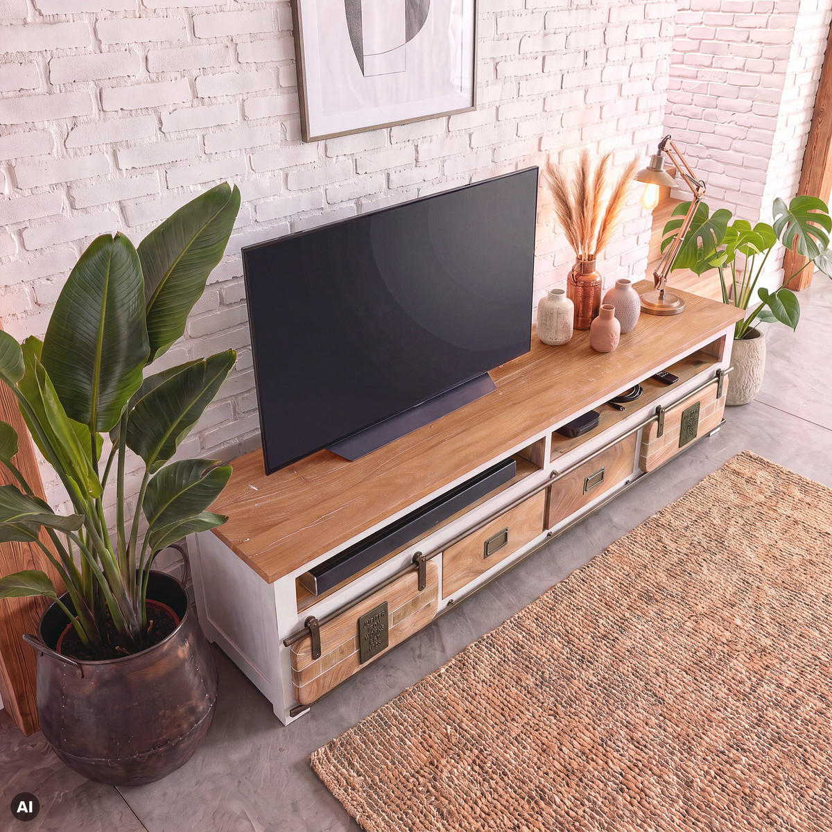 TV-BOARD Mango / Altholz 220x55x50 weiß lackiert RAILWAY LUX #532 - Weiß, Holz (220/50/55cm) - Massivmoebel24