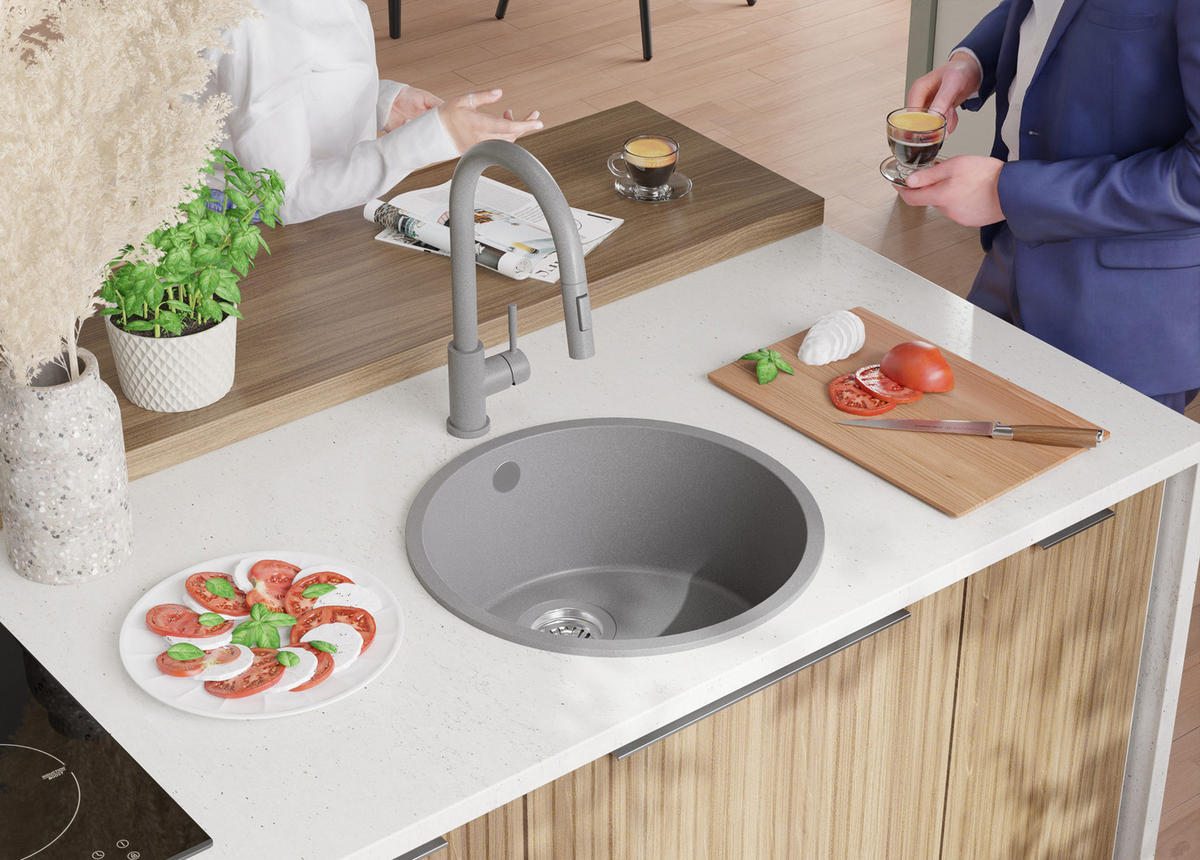 SPÜLBECKEN RUND Valletta Slim, 2-er set Grau 46/46 cm 1 Becken + Ablauf-Set ab 50er Unterschrank - Chromfarben/Grau, Kunststoff (46/20/46cm) - Primagran