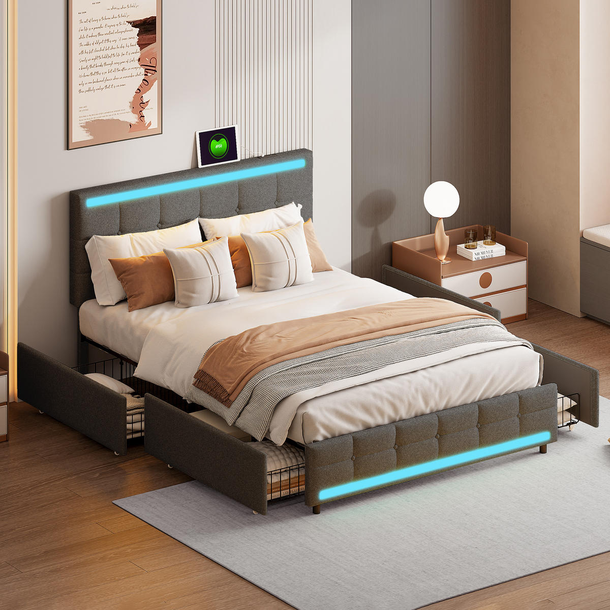 POLSTERBETT 140x200 cm LED USB 4 Schubladen Stauraum Leinen grau - Grau, Holz (140/200cm) - LEBENLANG