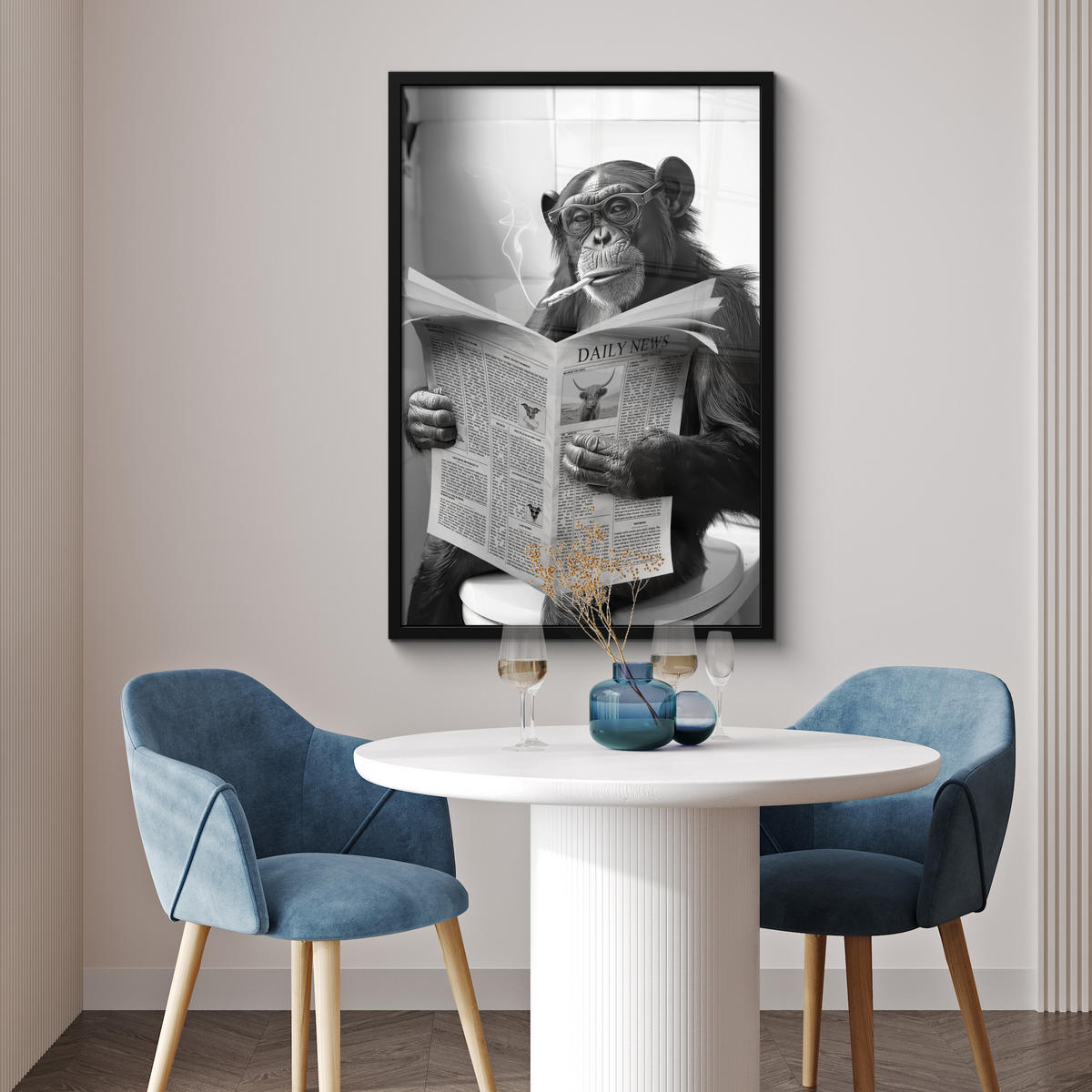 ZARÁMOVANÝ PLAGÁT Opica - WC - Noviny - Čiernobiele - Humor 60x90 cm - svetlosivá, papier (60/90cm) - MuchoWow