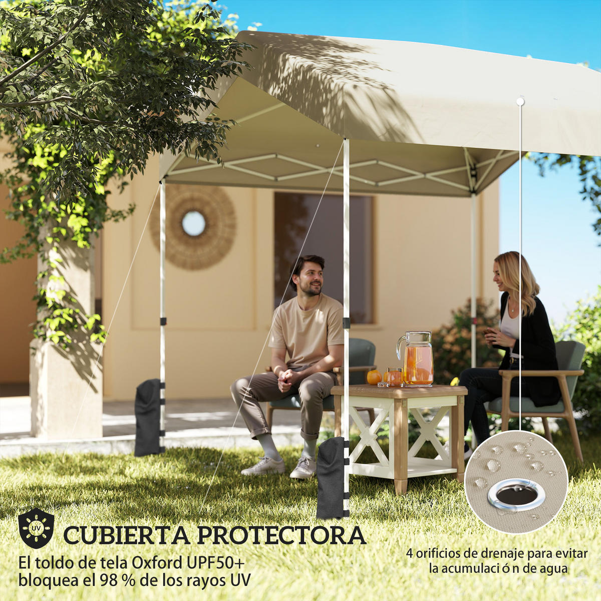 PAVILLON, 2,4 x 2,4 m, Pop-up, UPF 50+, höhenverstellbar, Beige - Beige, Metall (239/257/241cm) - Vallsero