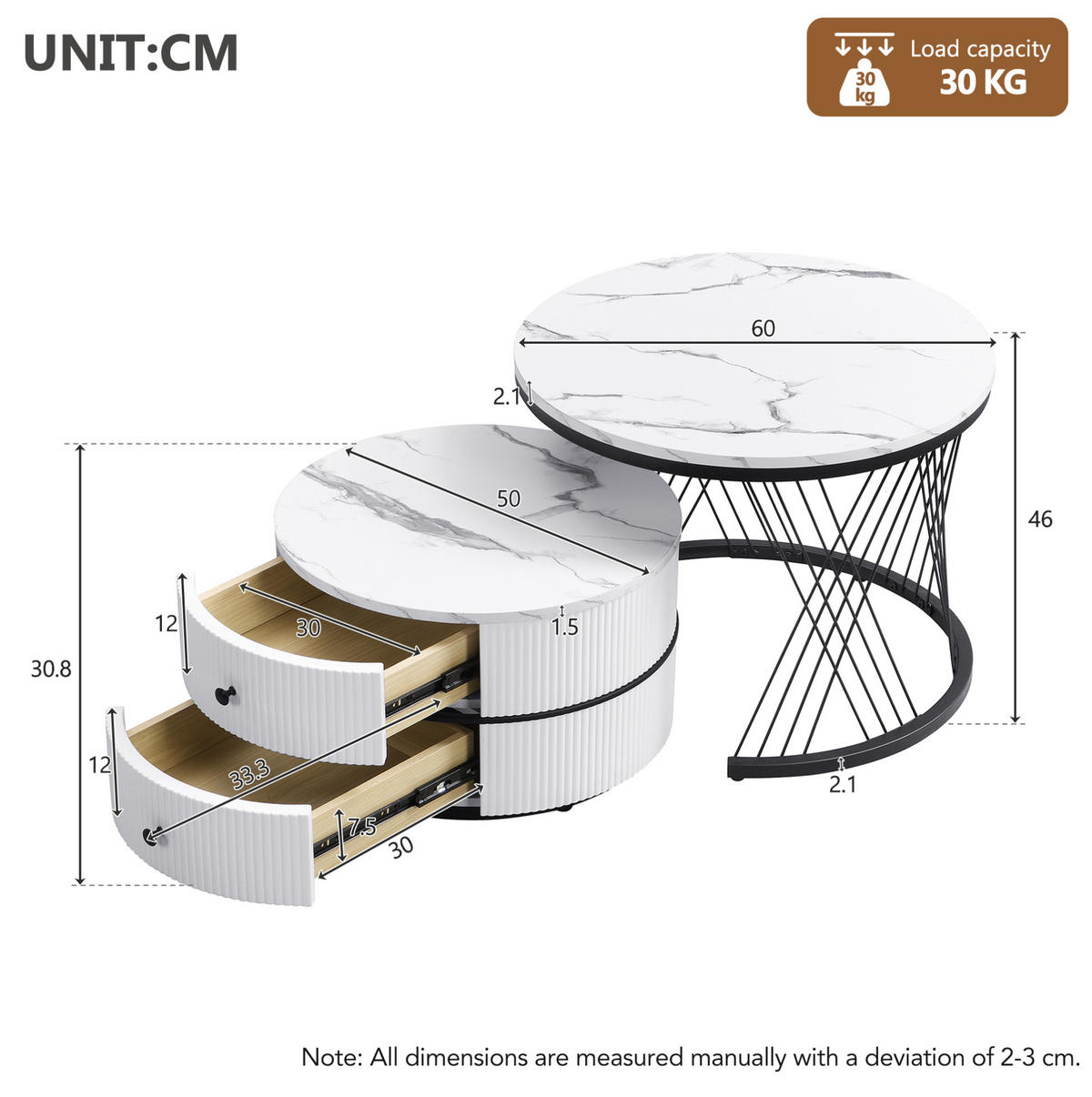 COUCHTISCH-SET aus MDF 60x60x46 und 50x50x31 cm Weiß mit 2 Schubladen - Weiß, Holzwerkstoff (60/46/60cm) - IVMEU