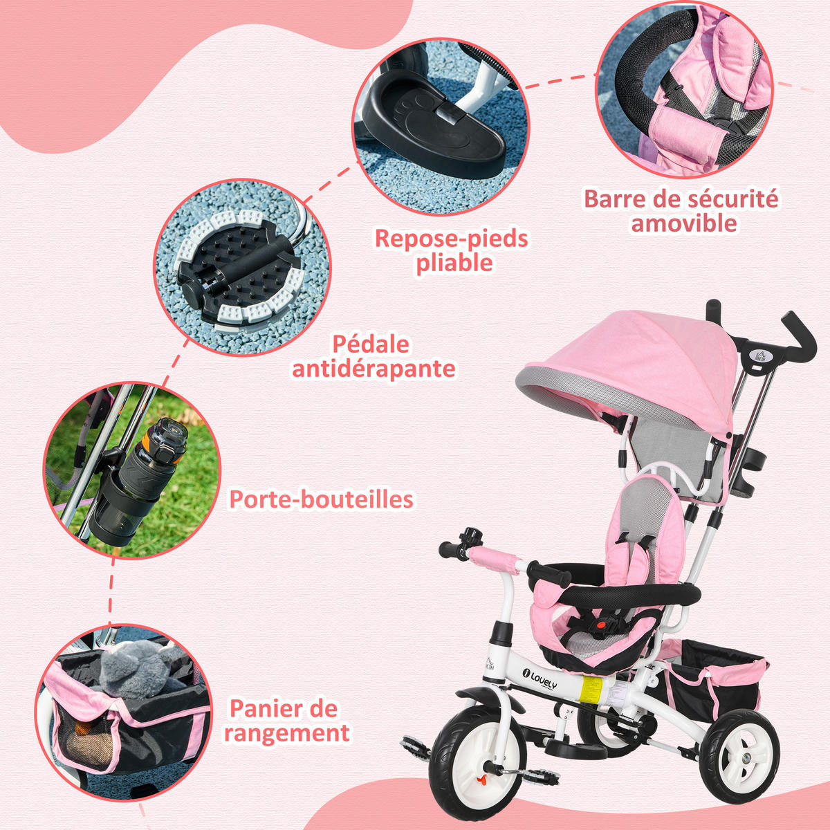 DREIRAD DE-18940 6-in-1 mit Sonnenschutz, klappbar Rosa - Pink, Metall (95/50/106cm) - ComfortXL