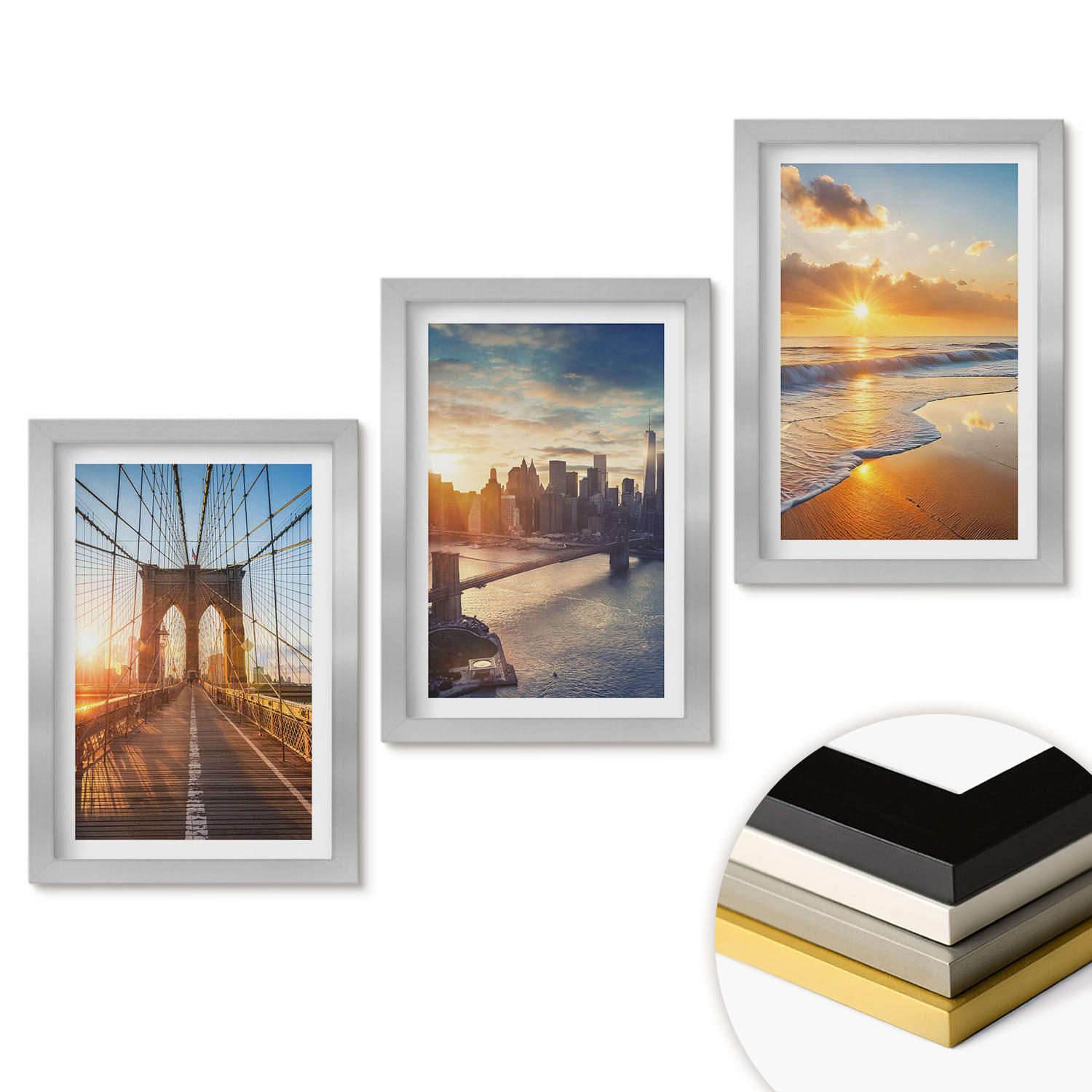 WANDBILDER 3er Set - 20x30 cm Silberner Rahmen - Brücken, Sonnenuntergänge, Stadt - Silberfarben, Kunststoff (20/30cm) - ArtPrintCave
