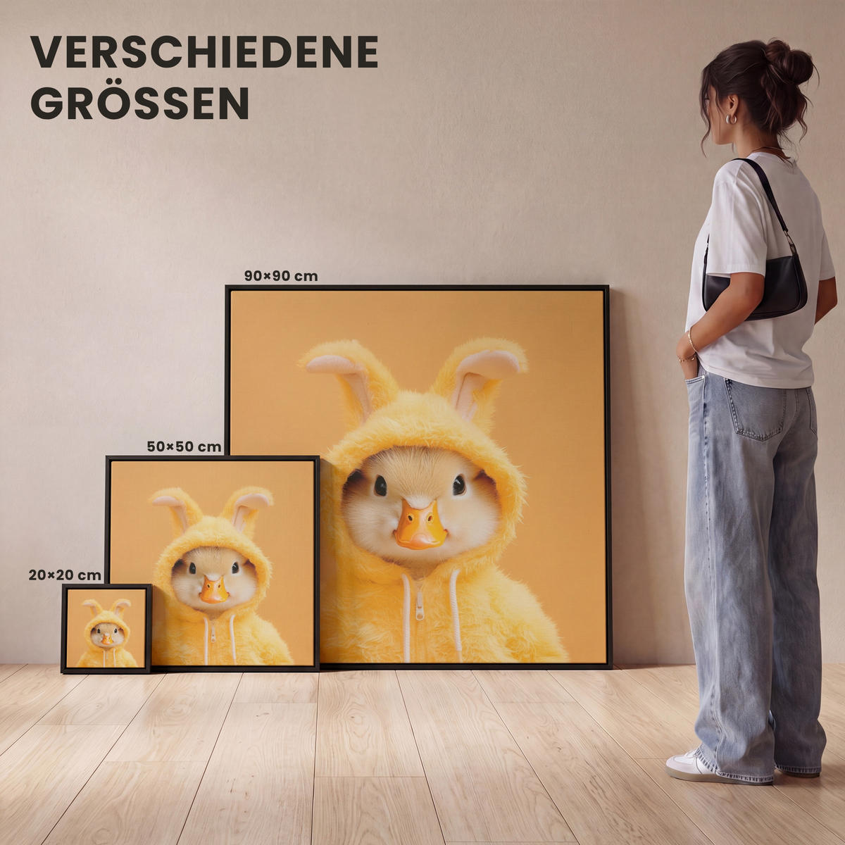 LEINWAND Bilder mit Rahmen - Osterhase - Kostüm - Ente - 90x90 - Gelb, Textil (90/90cm) - MuchoWow