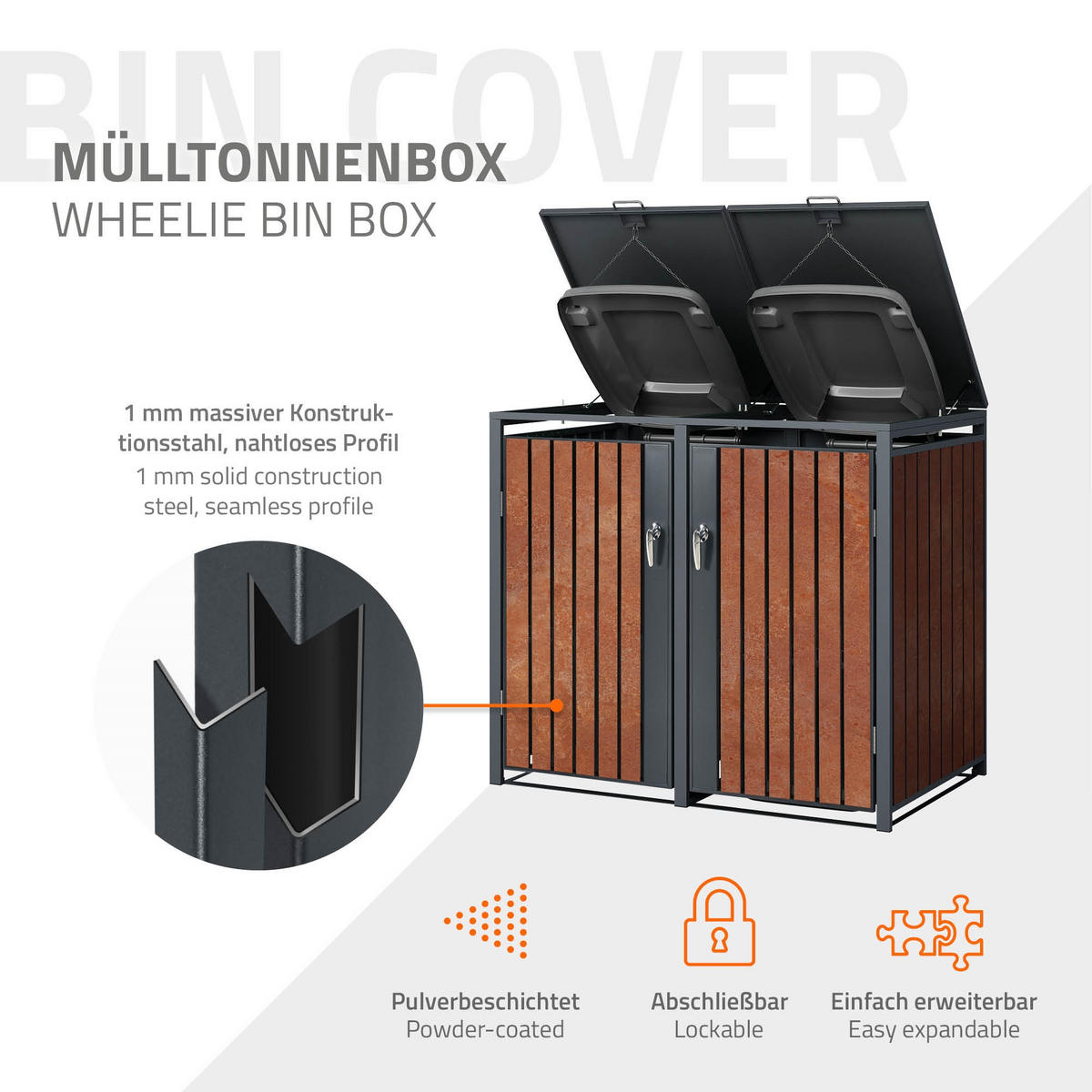MÜLLTONNENBOX 4er Anthrazit-Rostoptik - Rotbraun, Metall (80/116.3/264cm) - ML-DESIGN
