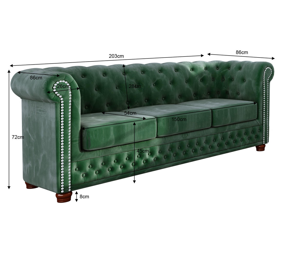 CHESTERFIELD-SOFA 3-sitzer Lauren Flasche grün Samt - Smaragdgrün/Braun, Holz/Textil (203/72/86cm) - S-Style Möbel
