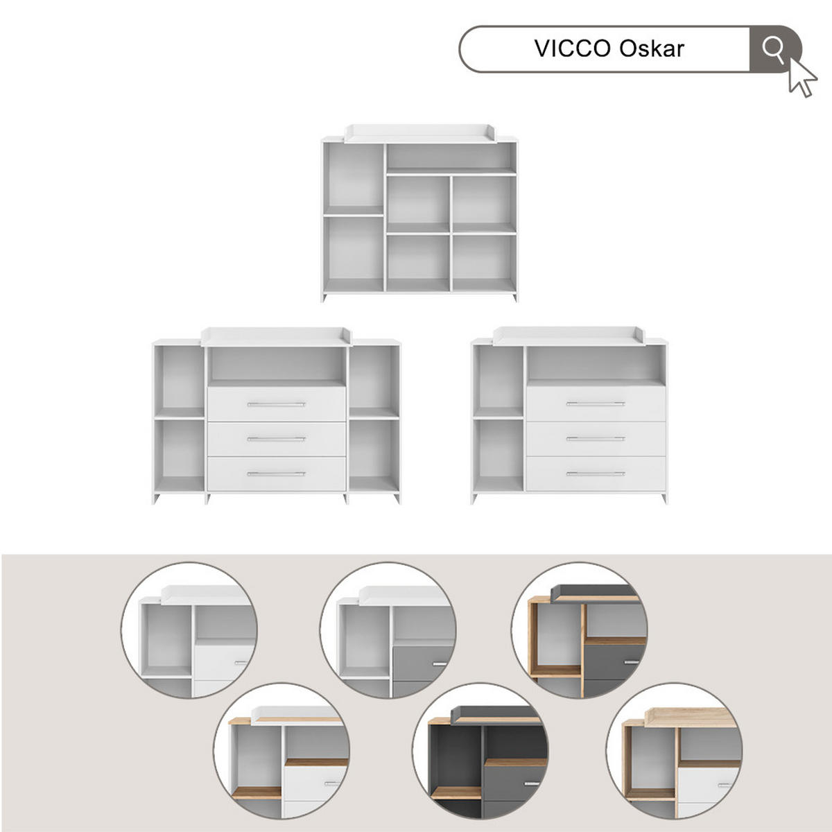 WICKELKOMMODE Oskar Weiß/Goldkraft Eiche 143.2 x 93 cm mit 3 Schubladen - Eichefarben/Weiß, Holzwerkstoff (143.2/93/53.1cm) - Vicco