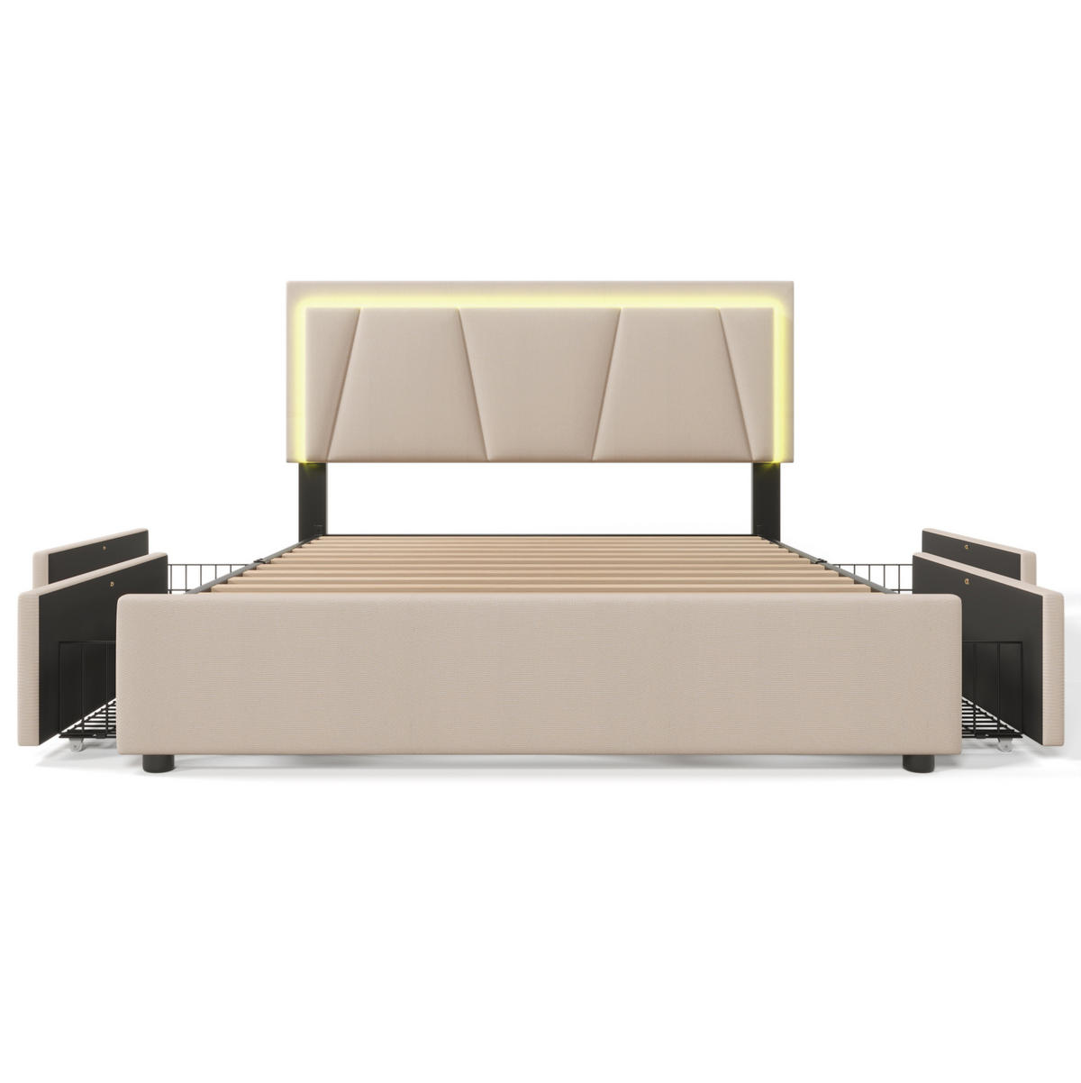 POLSTERBETT 160/200 cm Beige mit LED-Beleuchtung und 4 Schubladen - Beige, Holz (160/200cm) - Flora Grace