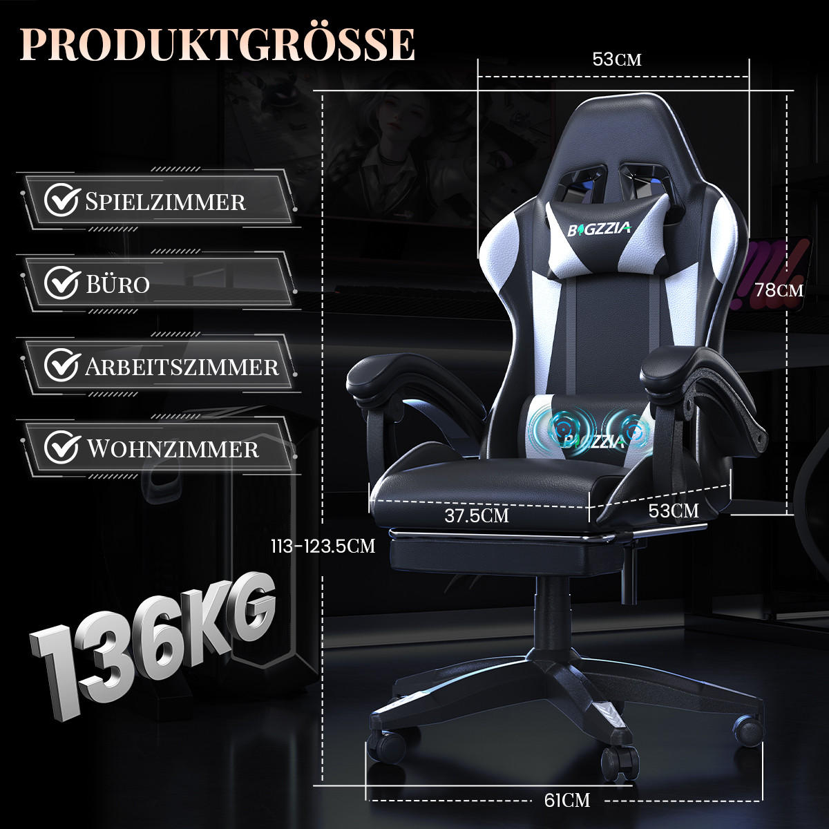 GAMINGSTUHL Schwarz-Weiß,mit Massage,Fußstütze, Ergonomisch, Verstellbar - Weiß, Metall (26/59/77cm) - Rattrix